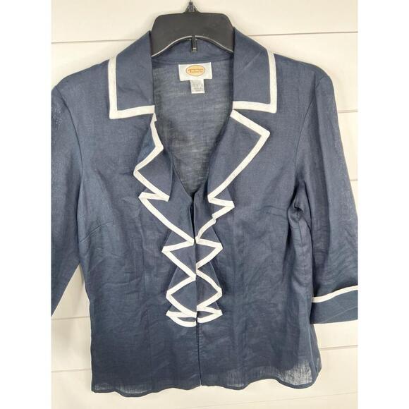 Talbots Ruffle Front Blue Linen Blouse 3/4 Sleeves Contrast Trim Womens Size 8 - Picture 5 of 12